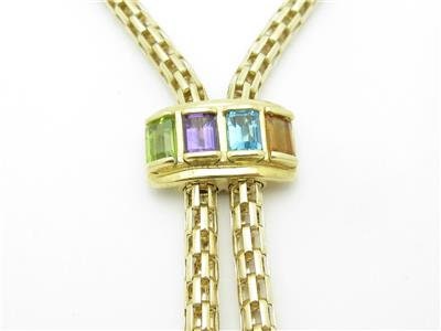 LIV 14k Yellow Gold & Multi Color Gemstones Emerald Cut Lariat Design Necklace Gift