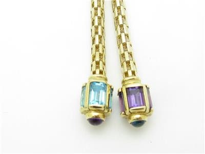 LIV 14k Yellow Gold & Multi Color Gemstones Emerald Cut Lariat Design Necklace Gift