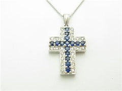 LIV 14k Solid White Gold Genuine Diamond Blue Sapphire Vintage Design Cross Necklace