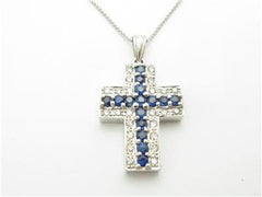 LIV 14k Solid White Gold Genuine Diamond Blue Sapphire Vintage Design Cross Necklace