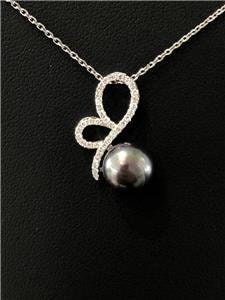 LIV 14k White Gold Genuine Diamonds & Black Tahitian Pearl Swirl Design Necklace