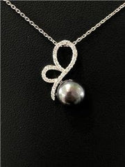 LIV 14k White Gold Genuine Diamonds & Black Tahitian Pearl Swirl Design Necklace