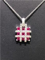 LIV 14k White Gold Genuine Diamonds & Red Rubies Square Halo Unique Design Necklace