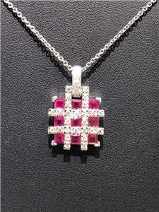 LIV 14k White Gold Genuine Diamonds & Red Rubies Square Halo Unique Design Necklace