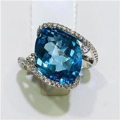 LIV 14k White Gold & Diamonds 0.50ct G-SI1 Blue Topaz 12.45ct Abstract Ring Size 6