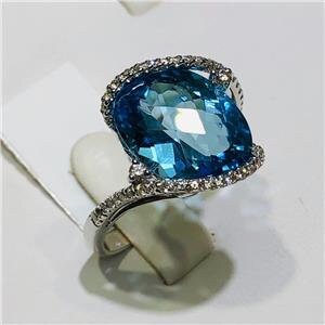 LIV 14k White Gold & Diamonds 0.50ct G-SI1 Blue Topaz 12.45ct Abstract Ring Size 6