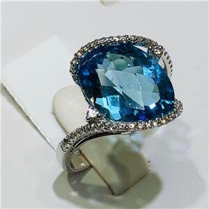 LIV 14k White Gold & Diamonds 0.50ct G-SI1 Blue Topaz 12.45ct Abstract Ring Size 6