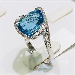 LIV 14k White Gold & Diamonds 0.50ct G-SI1 Blue Topaz 12.45ct Abstract Ring Size 6