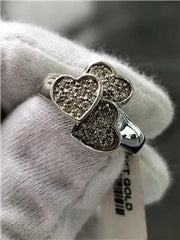 LIV 14k White Gold Genuine Diamond Round Cut Pave Triple Heart Design Ring Size 6.5