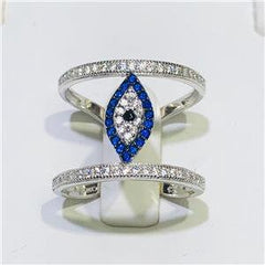 LIV Platinum Sterling Silver Blue Sapphire Eternity Pave Evil Eye Design Ring