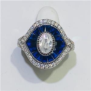 LIV Platinum Sterling Silver Blue & White Sapphire Baguette Evil Eye Pave Ring