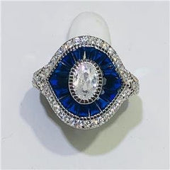 LIV Platinum Sterling Silver Blue & White Sapphire Baguette Evil Eye Pave Ring