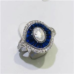 LIV Platinum Sterling Silver Blue & White Sapphire Baguette Evil Eye Pave Ring