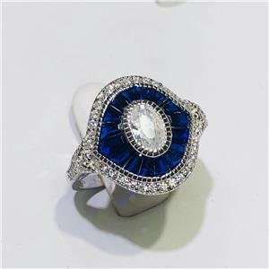 LIV Platinum Sterling Silver Blue & White Sapphire Baguette Evil Eye Pave Ring