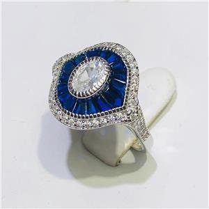 LIV Platinum Sterling Silver Blue & White Sapphire Baguette Evil Eye Pave Ring