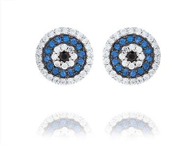 LIV Platinum Sterling Silver Blue White Sapphire Pave Evil Eye Design Stud Earrings