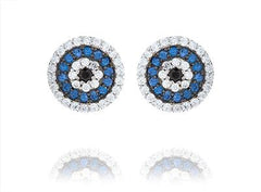 LIV Platinum Sterling Silver Blue White Sapphire Pave Evil Eye Design Stud Earrings