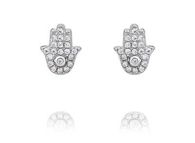 LIV Platinum Sterling Silver White Sapphire Pave Hamsa Hand of God Evil Eye Earrings