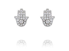 LIV Platinum Sterling Silver White Sapphire Pave Hamsa Hand of God Evil Eye Earrings