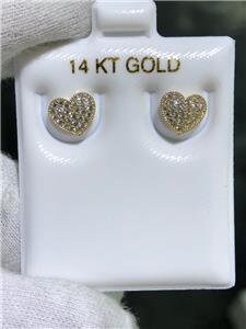 LIV 14k Yellow Gold & White Sapphire Pave Heart Halo Design Stud Earrings Bridal Gift