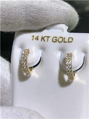 LIV 14k Yellow Gold & White Sapphire Pave Double Row Design Huggie Hoop Earrings