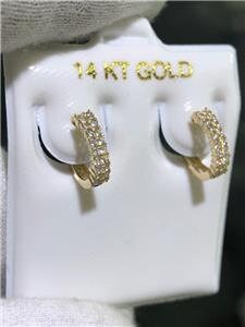 LIV 14k Yellow Gold & White Sapphire Pave Double Row Design Huggie Hoop Earrings