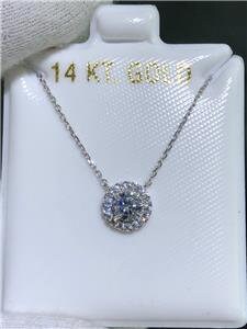 LIV 14k White Gold & White Sapphires Round Shape Pave Halo Design Necklace 16"L Gift