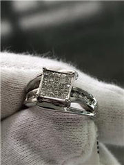 LIV 14k White Gold Genuine Diamond Princess Cut Halo Square Design Band Ring Size 5