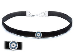 LIV Platinum Sterling Silver Blue & White Sapphire Evil Eye Pave Suede Choker Necklace