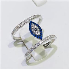 LIV Platinum Sterling Silver Blue Sapphire Eternity Pave Evil Eye Design Ring