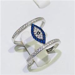 LIV Platinum Sterling Silver Blue Sapphire Eternity Pave Evil Eye Design Ring