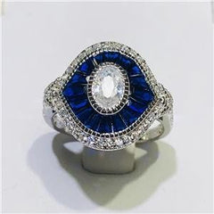 LIV Platinum Sterling Silver Blue & White Sapphire Baguette Evil Eye Pave Ring