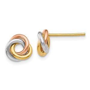 LIV 14k Tri Color Gold Love Knot Design 8mm Diameter Halo Stud Push Back Earrings