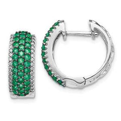LIV 14k White Gold White Natural Diamonds & Green Emeralds Huggie Hoop Earrings G/VS