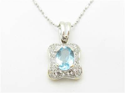 LIV 14k White Gold & Diamonds Blue Topaz Halo Design Pave Pendant Necklace 20" Chain