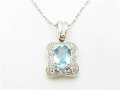 LIV 14k White Gold & Diamonds Blue Topaz Halo Design Pave Pendant Necklace 20" Chain