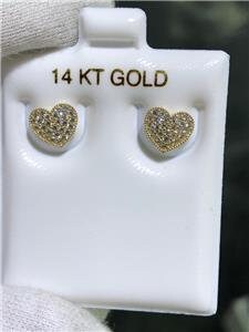 LIV 14k Yellow Gold & White Sapphire Pave Heart Halo Design Stud Earrings Bridal Gift