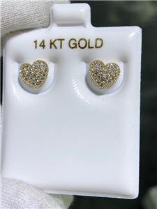 LIV 14k Yellow Gold & White Sapphire Pave Heart Halo Design Stud Earrings Bridal Gift