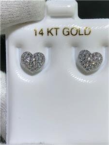 LIV 14k White Gold & White Sapphire Pave Design Heart Halo Stud Earrings Bridal Gift