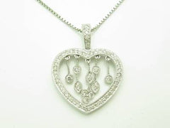 LIV 14kt White Gold Genuine White Diamond Open Heart Chandelier Design Necklace Gift