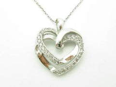 LIV 14kt White Gold Genuine White Diamond Pave Open Heart Halo Design Necklace Gift