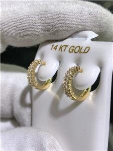 LIV 14k Yellow Gold & White Sapphire Pave Double Row Design Huggie Hoop Earrings