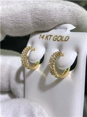 LIV 14k Yellow Gold & White Sapphire Pave Double Row Design Huggie Hoop Earrings