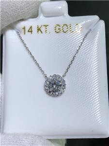 LIV 14k White Gold & White Sapphires Round Shape Pave Halo Design Necklace 16"L Gift