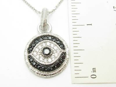 LIV Platinum Sterling Silver Diamond Set Black & White Evil Eye Kabbalah Necklace