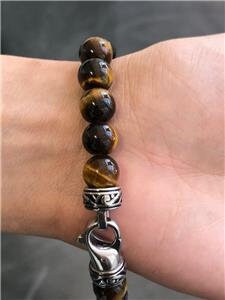 LIV Natural Tiger Eye 8mm Bead Spiritual Design Lobster Lock Bracelet 8" Length Gift