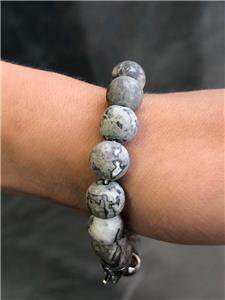 LIV Natural Gray Agate 8mm Bead Spiritual Design Lobster Lock Bracelet 8" Length