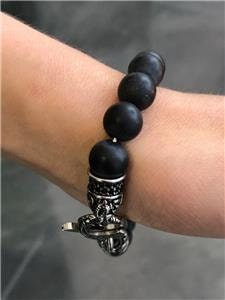 LIV Natural Black Onyx 8mm Bead Spiritual Design Lobster Lock Bracelet 8" Length