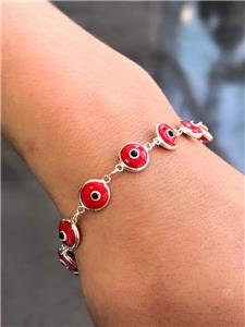 LIV Platinum Sterling Silver Red Evil Eye Good Luck Kabbalah Bead Tennis Bracelet