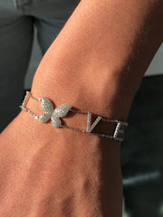 LIV Platinum Sterling Silver Pave White Sapphire LOVE Butterfly Stack Bracelet 7" L